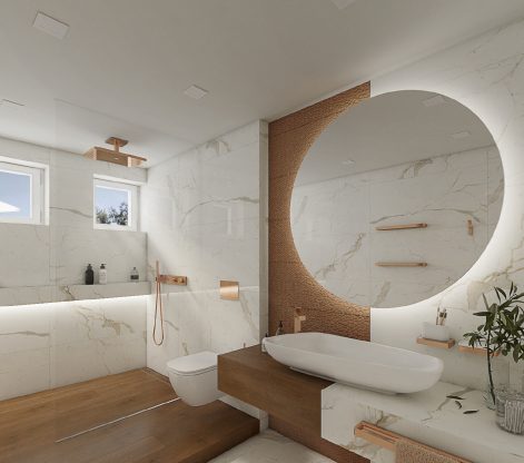 moderní koupelna s obkladem v imitaci mramoru